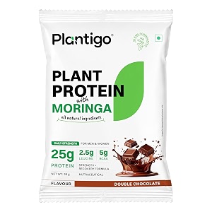 Plantigo Plant Protein Powder with Moringa Superfood | 25g Protein, 5g BCAA, 2.5g Leucine, Digestive Enzymes | 3rd Party Lab Tested | Double Chocolate