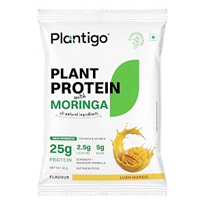 Plantigo Plant Protein Powder with Moringa Superfood | 25g Protein, 5g BCAA, 2.5g Leucine, Digestive Enzymes | 3rd Party Lab Tested | Lush Mango Flavo