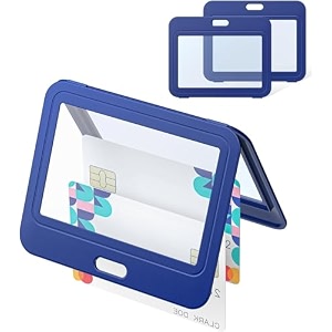 plastic id card holder for office and school use locking style horizontal blue pack of 50