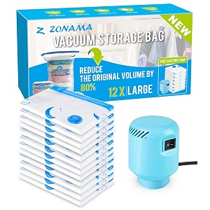 plastic vacuum storage bags with electric air pump12 pack large size 3234x 2234 vacuum sealed space save bag for clothes blanket duvets pillows comforters quilt travel moving blue