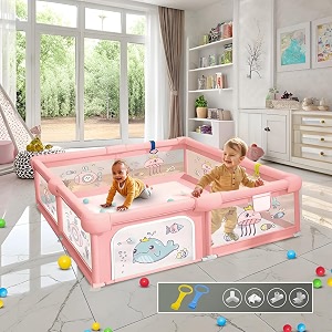 playardsplaypen for kids up to 4 years spacious 150x150 cm baby play yard with safety lock amp hand grip thick padding amp 360 mesh visibility portable activity center for toddlers - pink