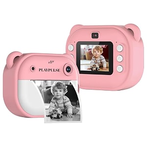playpulse 1 year warranty kids instant print digital camera 12mp photo video recorder with built in printer filters rechargeable battery paper rolls fun toy for children gift camera set-pink