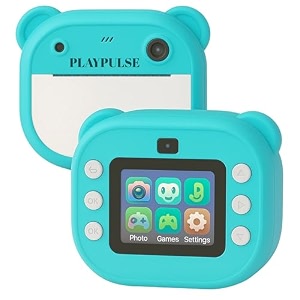 playpulse 1 year warranty kids instant print digital camera 12mp photo video recorder with built in printer filters rechargeable battery paper rolls fun toy for children gift camera set-green