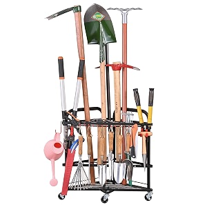 plkow garden tool organizer with wheels and storage hooks rolling corner tool storage rack for garden shed garage powder coated steel black