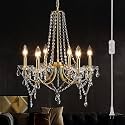 Plug in Gold Crystal Chandelier Lighting with Long Cord, 6-Light Modern Plug Chandelier Crystal Plug in Pendant Light, Classic Hanging Light Fixture for Dining Room Bedroom Living Room Kitchen Closet