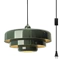 Plug-in Green Pendant Light Fixtures, 16FT Hanging Lights with Plug in Cord 3-Layer Shade Mid Century Modern Hanging Lamp Pendant Lighting for Bedroom Dining Room Living Room