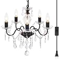 Plug in Modern 5-Light Black Chandelier with Glass Crystals, Candle Style Pendant Light Fixtures for Living Room, Girls Room, Kitchen Island, Entryway