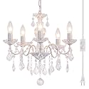 Plug in Modern 5-Light Distressed White Chandelier with Glass Crystals, Candle Style Pendant Light Fixtures for Living Room, Girls Room, Kitchen Island, Entryway