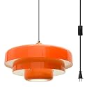 Plug in Pendant Light Fixtures Mid Century Hanging Light with Plug in Cord 3-Layer Metal Shade On/Off Switch Hanging Lamp Orange Plug in Ceiling Light for Living Room Dining Bedroom Kitchen