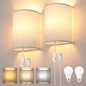 Shenmoyl Plug in Wall Sconces Set of Two Wall Lights with On/Off Switch - Stepless Color Temperature Wall Mount Lamps - Fabric Linen Wall Sconce for Bedroom Living Room - Indoor Corded Wall Sconces