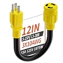 PlugSaf 15 Amp to 30 Amp RV Generator Adapter Cord 12 inch, 15A 125V 1875W
