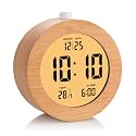 Plumeet Wooden Digital Alarm Clock for Bedrooms, Wood 4'' Battery Powered Alarm Clock with Snooze and Nightlight, Electronic LCD Desk Clock Display Time, Date, Temp, 12/24H, Wood Décor, Round, Brown