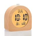 Plumeet Wooden Digital Alarm Clock for Bedrooms, Wood 4'' Battery Powered Alarm Clock with Snooze and Nightlight, Electronic LCD Desk Clock Display Time, Date, Temp, 12/24H, Wood Décor, Round, Brown