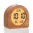 Plumeet Wooden Digital Alarm Clock for Bedrooms, Wood 4'' Battery Powered Alarm Clock with Snooze and Nightlight, Electronic LCD Desk Clock Display Time, Date, Temp, 12/24H, Wood Décor, Round, Sapele