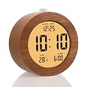 Plumeet Wooden Digital Alarm Clock for Bedrooms, Wood 4'' Battery Powered Alarm Clock with Snooze and Nightlight, Electronic LCD Desk Clock Display Time, Date, Temp, 12/24H, Wood Décor, Round, Sapele