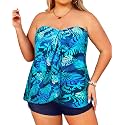 Plus Size Bandeau Tankini 2 Piece Halter Swimsuit with Shorts