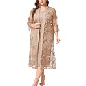 Plus Size Mother of The Bride Formal 2 Piece Dress Set with 3D Floral Mesh Jacket Dressy Suit Outfits Guest