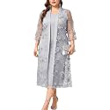 Plus Size Mother of The Bride Formal 2 Piece Dress Set with 3D Floral Mesh Jacket Dressy Suit Outfits Guest