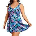 Plus Size One Piece Swim Dress Flowy Swimsuits Tummy Control Bathing Suit