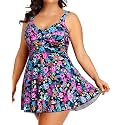 Plus Size One Piece Swim Dress Flowy Swimsuits Tummy Control Bathing Suit