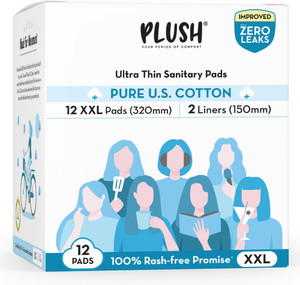 plush 100 pure us cotton ultra thin 12 xxl pads 320 mm and 2 liners150mm sanitary pad pack of 12