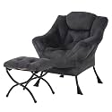 Plush Lazy Chair and Ottoman, Large Dark Grey Contemporary Accent Chair with Side Pocket, Modern Leisure Upholstered Reading Armchair with Footrest for Office, Bedroom, Living Room, Balcony