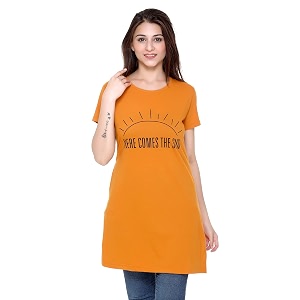 Plush Womens Long Printed Cotton Round Neck