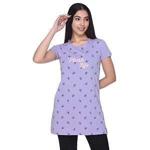 Plush Womens Long Printed Cotton Round Neck