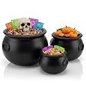 PMU 3 Pcs Halloween Cauldron - 10", 8", 6" Witch Plastic Cauldron bowl Black, For Halloween Decor