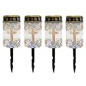 Poceacles Cross Outdoor Solar Lights Solar Garden Lights Cemetery Solar Lights Water Resistant Pillar Candle Solar Garden Stake Lights for Cemetery Grave Decorations, Flower Leaf Cross, Pack of 4