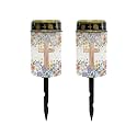 Poceacles Cross Outdoor Solar Lights Solar Garden Lights Cemetery Solar Lights Water Resistant Pillar Candle Solar Garden Stake Lights for Cemetery Grave Decorations, Flower Leaf Cross, Pack of 2
