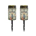 Poceacles Cross Solar Lights Outdoor for Cemetery Grave Solar Lights Outdoor Waterproof Decorative Flameless Candle for Cemetery Garden Backyard Outdoor Decor, Butterfly Cross Floral Green, Pack of 2