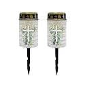 Poceacles Cross Solar Lights Outdoor Grave Solar Lights for Cemetery Decoration Solar Outdoor Lights Cemetery Solar Lamp for Garden Backyard Pathway Decor, Eucalyptus Leaf Cross Wood Grain, Pack of 2