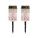 Poceacles Cross Solar Outdoor Lights Solar Grave Lights Solar Cemetery Candles LED Automatic Flameless Candles Cemetery Outdoor Solar Lights for Loss of Dad, Pink Floral Cross, Pack of 2
