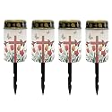 Poceacles Cross Solar Outdoor Lights Waterproof Cemetery Lights Solar Powered Grave Candle Lights Outdoor Waterproof Landscape Lights for Lawn Garden Yard, Butterfly Tulip Lily Red Cross, Pack of 4