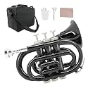 Pocket Trumpet Brass Bb Flat Trumpet Portable with 7C Mouthpiece,Hard Case,Cleaning Kit,Strap,Gloves for Beginners,Christmas Birthday Gift. (black)