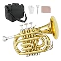 Pocket Trumpet Brass Bb Flat Trumpet Portable with 7C Mouthpiece,Hard Case,Cleaning Kit,Strap,Gloves for Beginners,Christmas Birthday Gift.