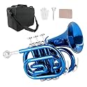 Pocket Trumpet Brass Bb Flat Trumpet Portable with 7C Mouthpiece,Hard Case,Cleaning Kit,Strap,Gloves for Beginners,Christmas Birthday Gift. (blue)