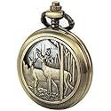 Pocket Watch with Chain 50MM Oversized Cover Deer Reindeer Woodland Men Bronze Vintage Box Quartz Bronze