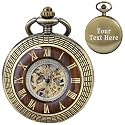 Pocket Watch Hand-Wind Mechanical Men's Pocket Watch Steampunk Wood Grain Design with Chain & Box