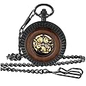 Pocket Watch Hand-Wind Mechanical Men's Pocket Watch Steampunk Wood Grain Design with Chain & Box