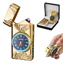 Pocket Watch Lighter Dual Arc Plasma Electric Lighter with LED Clock & Flashlight, USB-C Rechargeable Windproof Gift for Men (Gold Eagle)