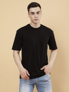 pockman solid men round neck black t-shirt