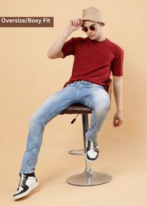 pockman solid men round neck maroon t-shirt