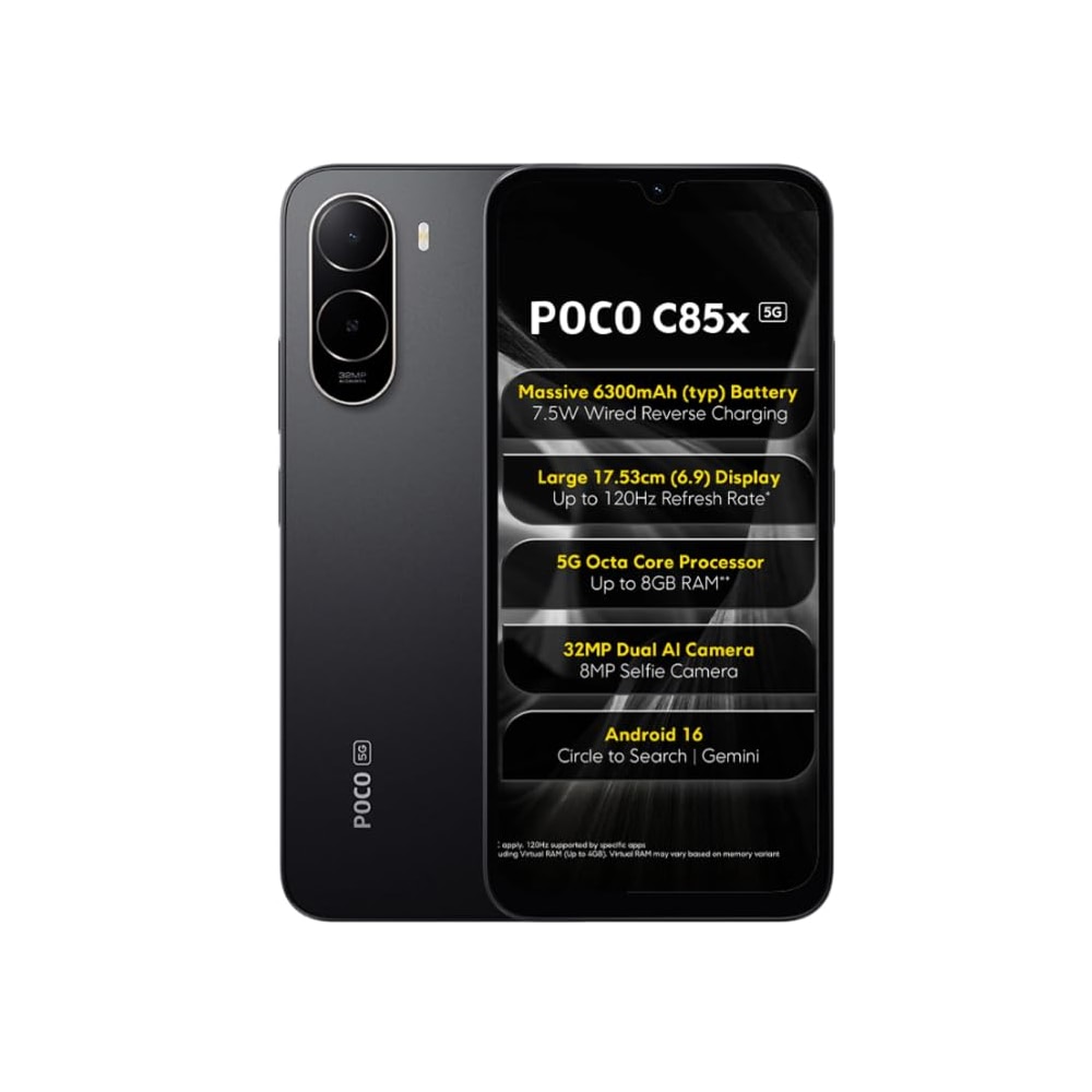 POCO C85x 5G Smartphone, Elite Black, 6.9 Inch Display, 32MP Dual