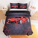 Podol 3 Pieces Race Car Comforter Set Full Size Red Sports Car Bedding Sets for Boy 3D Geometric Bed in a Bag Kids Extreme Sports Theme Quilt Set