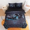 Podol 5 Pieces Race Car Comforter Set Full Size Blue Sports Car Bedding Sets for Boy 3D Geometric Bed in a Bag with 1 Comforter, 2 Pillowcases, 1 Flat Sheet and 1 Fitted Sheet