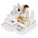 skin care organizer,Makeup Desk Organizer With Drawers,Countertop Organizer for Cosmetics,Vanity brush with Holder for Lipstick, Brushes, Eyeshadow, and Desktop Finishing Dresser (Ivory white)