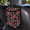 Poinsettia Flower Candy Cane Pattern Car Trash Can Leakproof Garbage Bag with Lid and Zipper 1.2Gal Trash Bin Hanging for Back Seat Christmas Car Decor