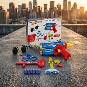 police city hero blaster play set for kids 4 - complete police kit with toy gun 10 soft darts handcuffs badge walkie-talkie police baton amp accessories - blue role play toy set